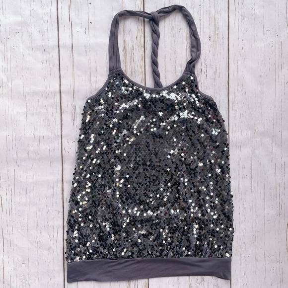 Express Tops - Express Women’s Gray Sequin Braided Back Elastic Waist Halter Tank Top Size XS